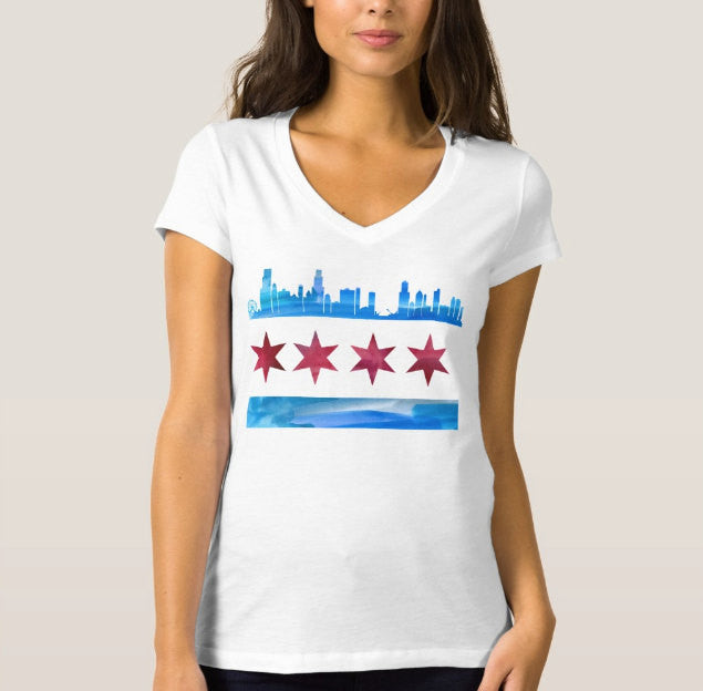Chicago Flag Skyline V Neck Shirt - One Strange Bird