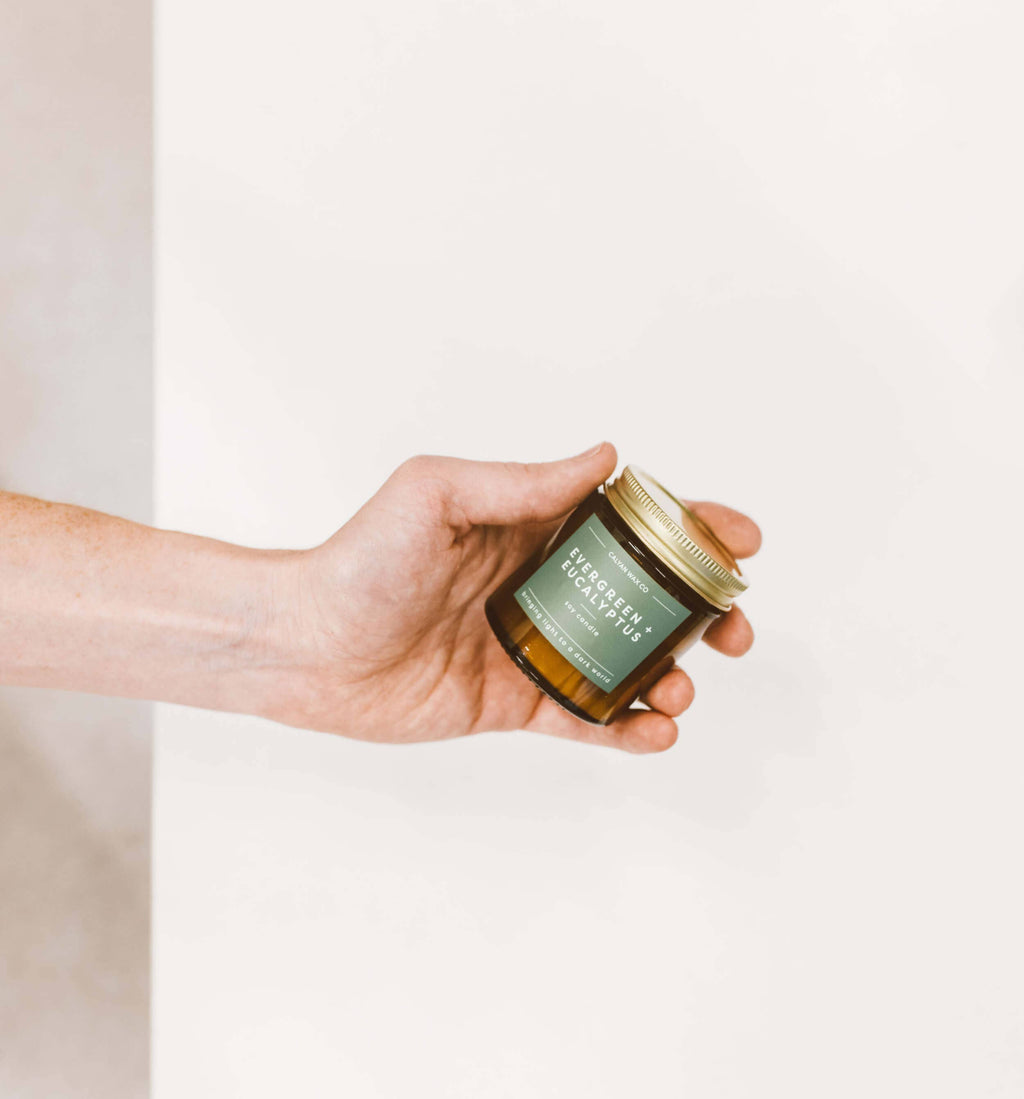Soy Candle | Evergreen + Eucalyptus | 3.1oz Mini Amber Jar