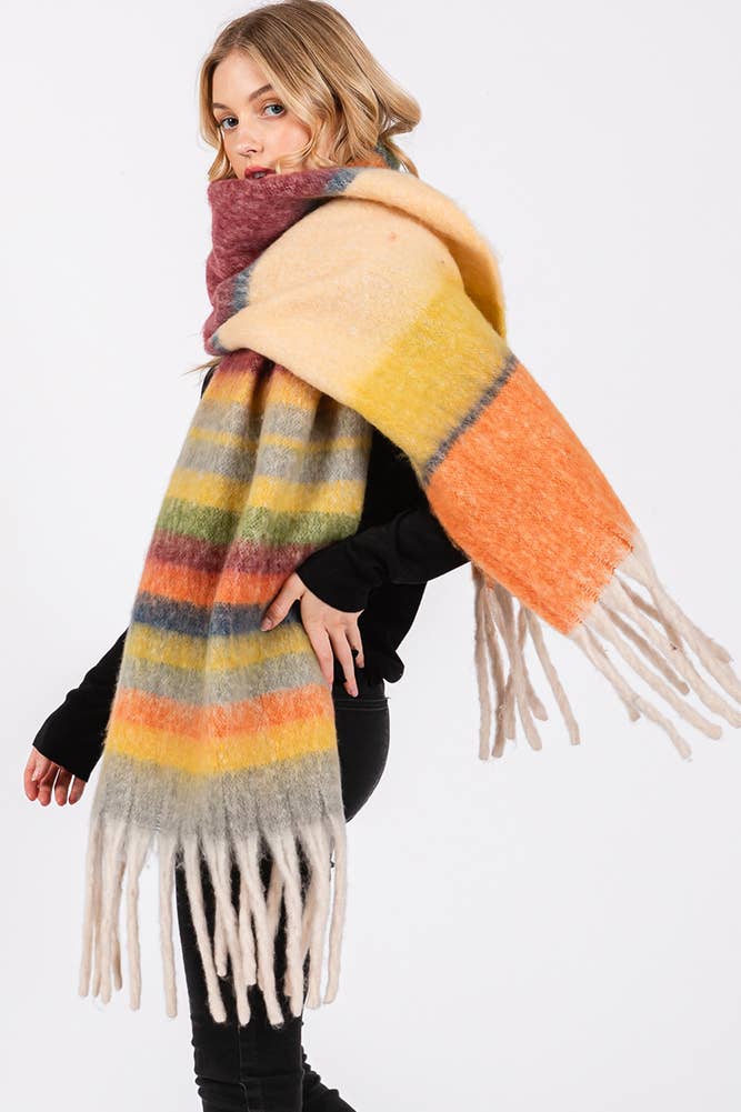 Brushed Multi Color Stripe Tassel Winter Scarf: Burgundy