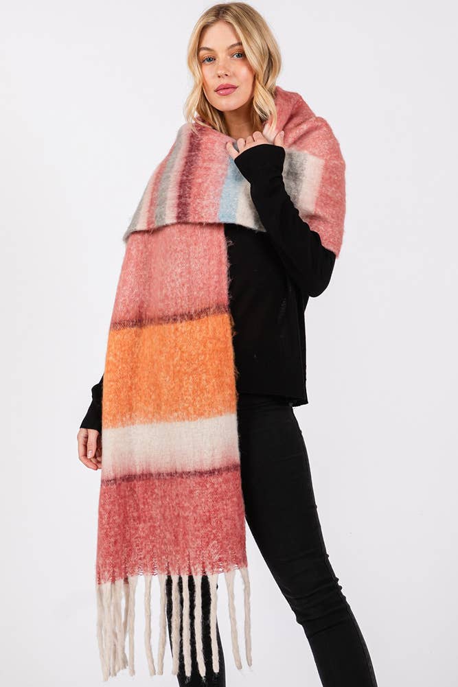 Brushed Multi Color Stripe Tassel Winter Scarf: Green