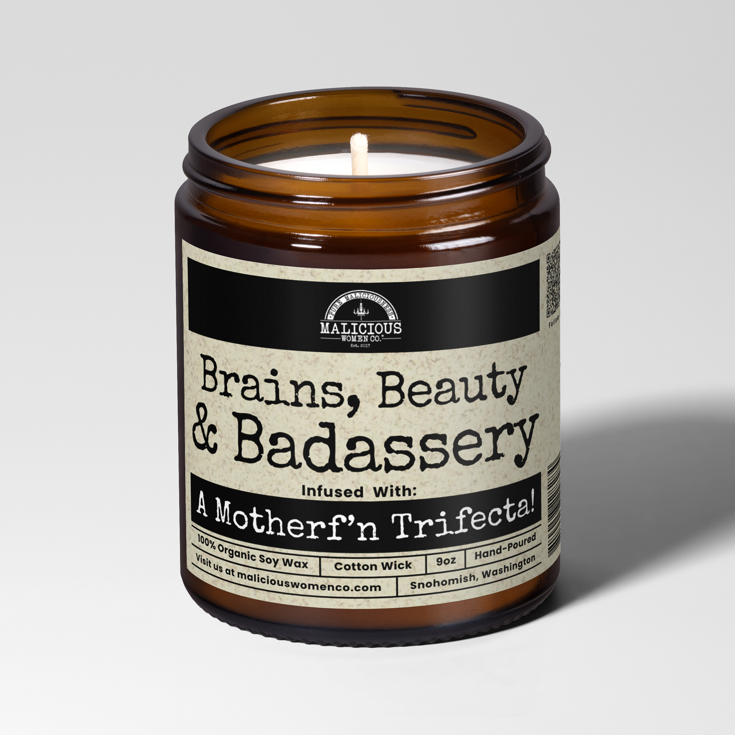 Brains Beauty Badassery | 9oz Funny Candle | Malicious Women Co