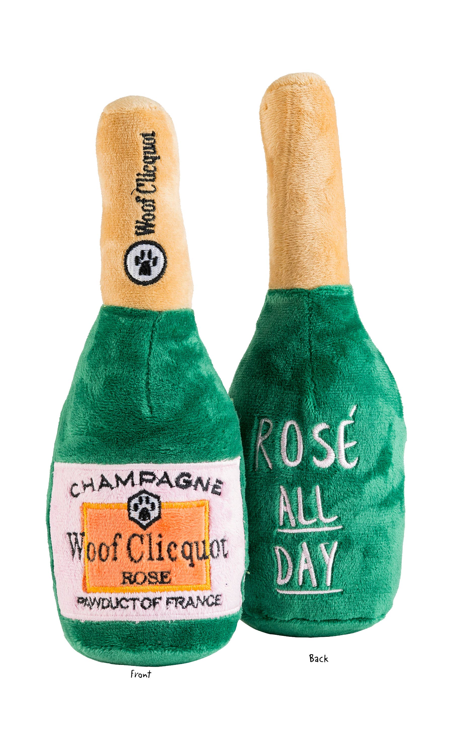 Small Woof Clicquot Rose' Champagne Bottle Squeaker Dog Toy