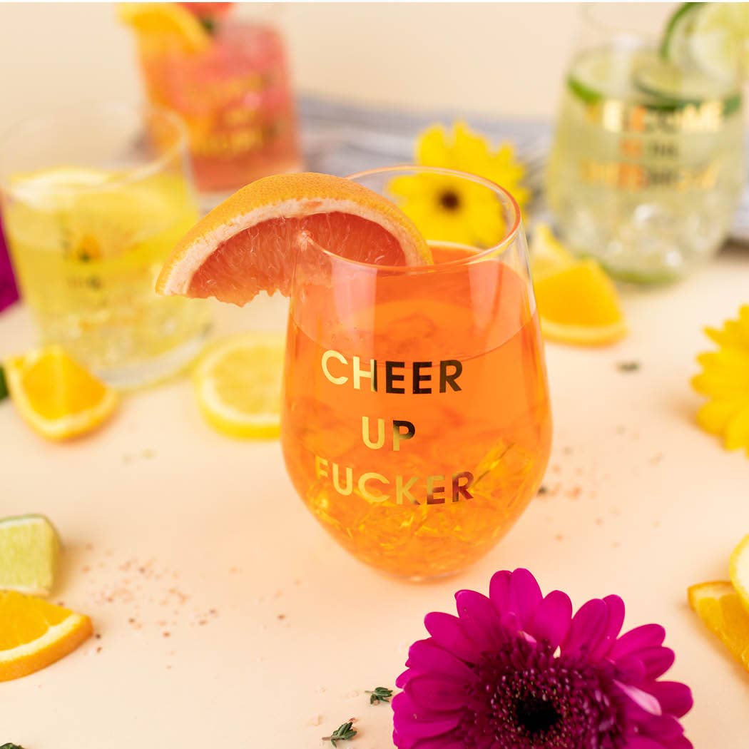 Cheer Up Fucker - Gold Foil Stemless Wine Glass