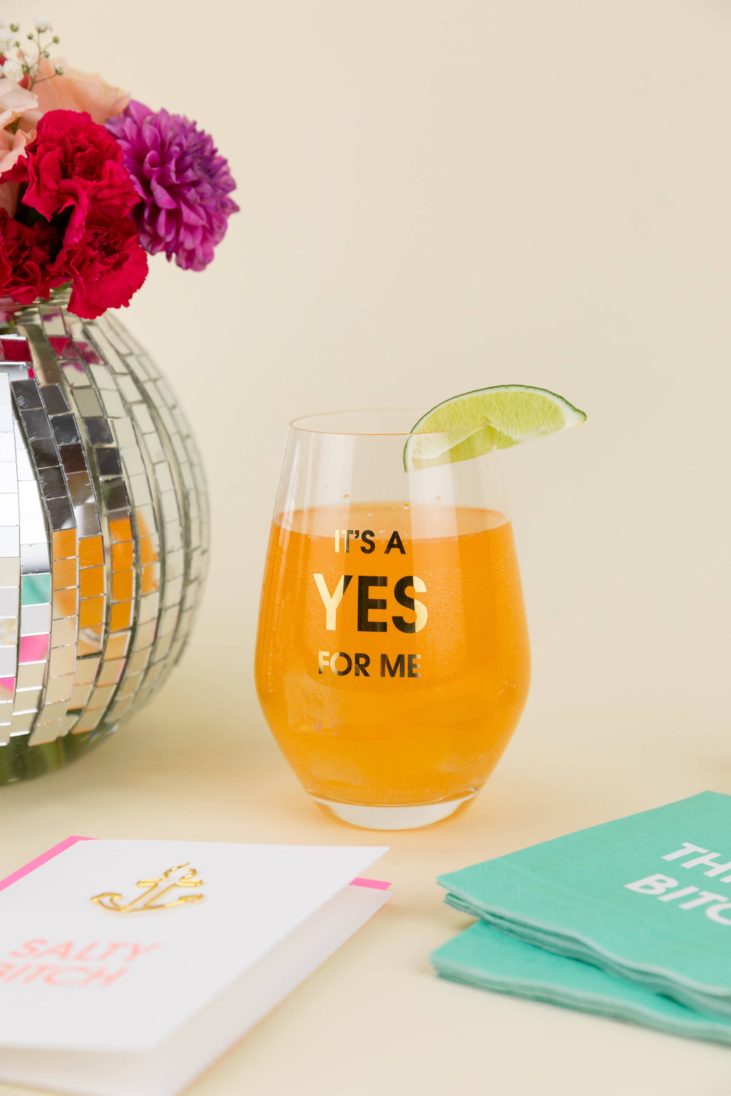 It's A Yes For Me - Gold Foil Stemless Wine Glass