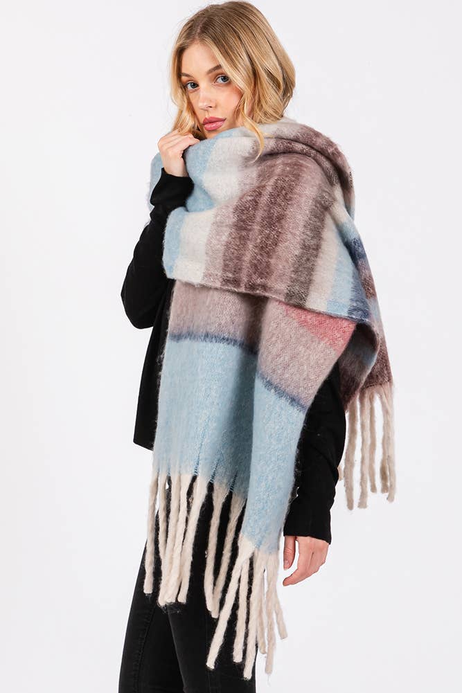 Brushed Multi Color Stripe Tassel Winter Scarf: Blue