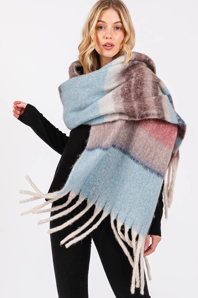 Brushed Multi Color Stripe Tassel Winter Scarf: Burgundy