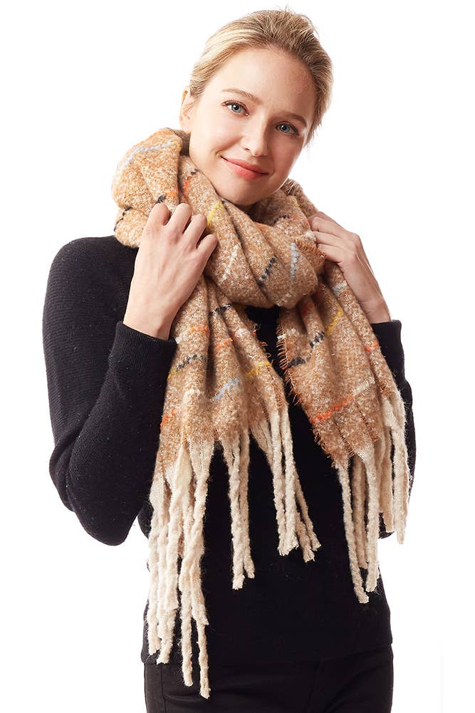 Glitz Color Stitch Fuzzy Oblong Winter Scarf: Mustard