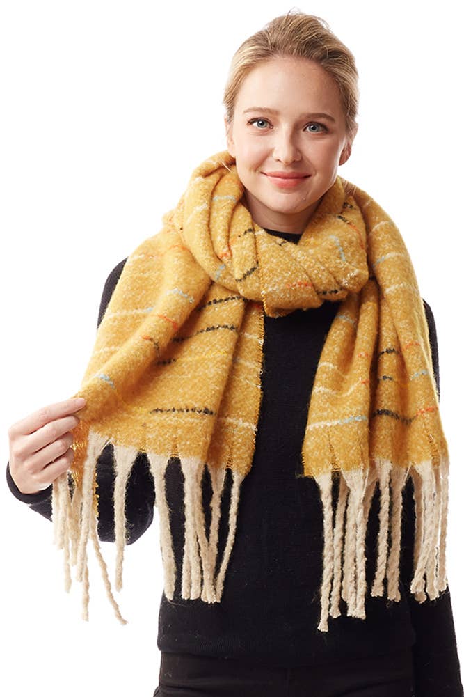 Glitz Color Stitch Fuzzy Oblong Winter Scarf: Mustard