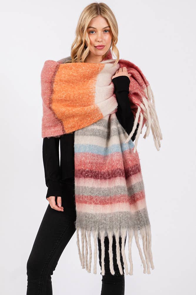 Brushed Multi Color Stripe Tassel Winter Scarf: Blue