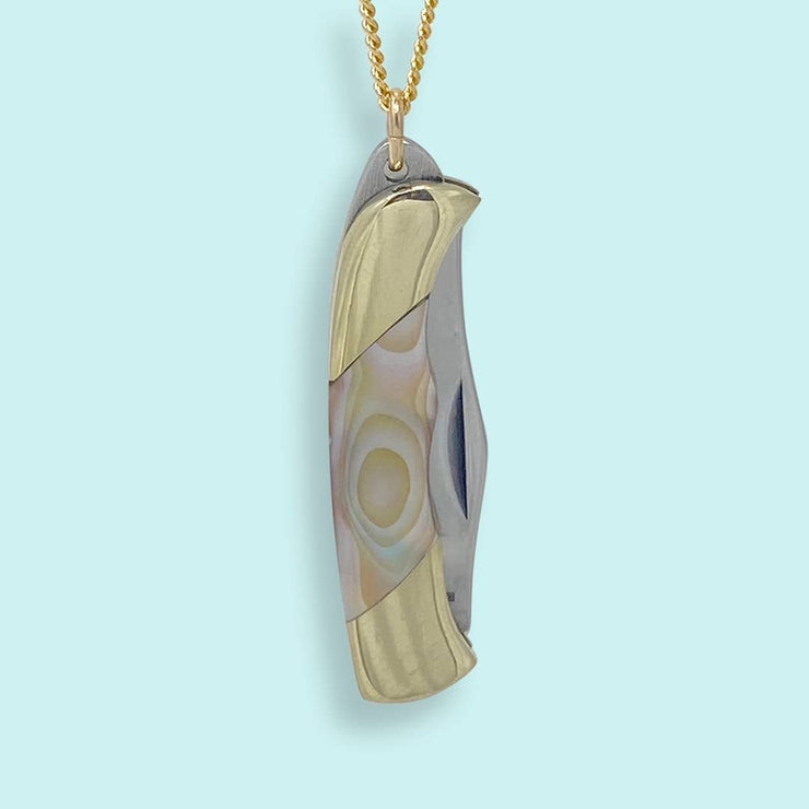 Shell Handled Knife on Gold Chain Necklace: Abalone