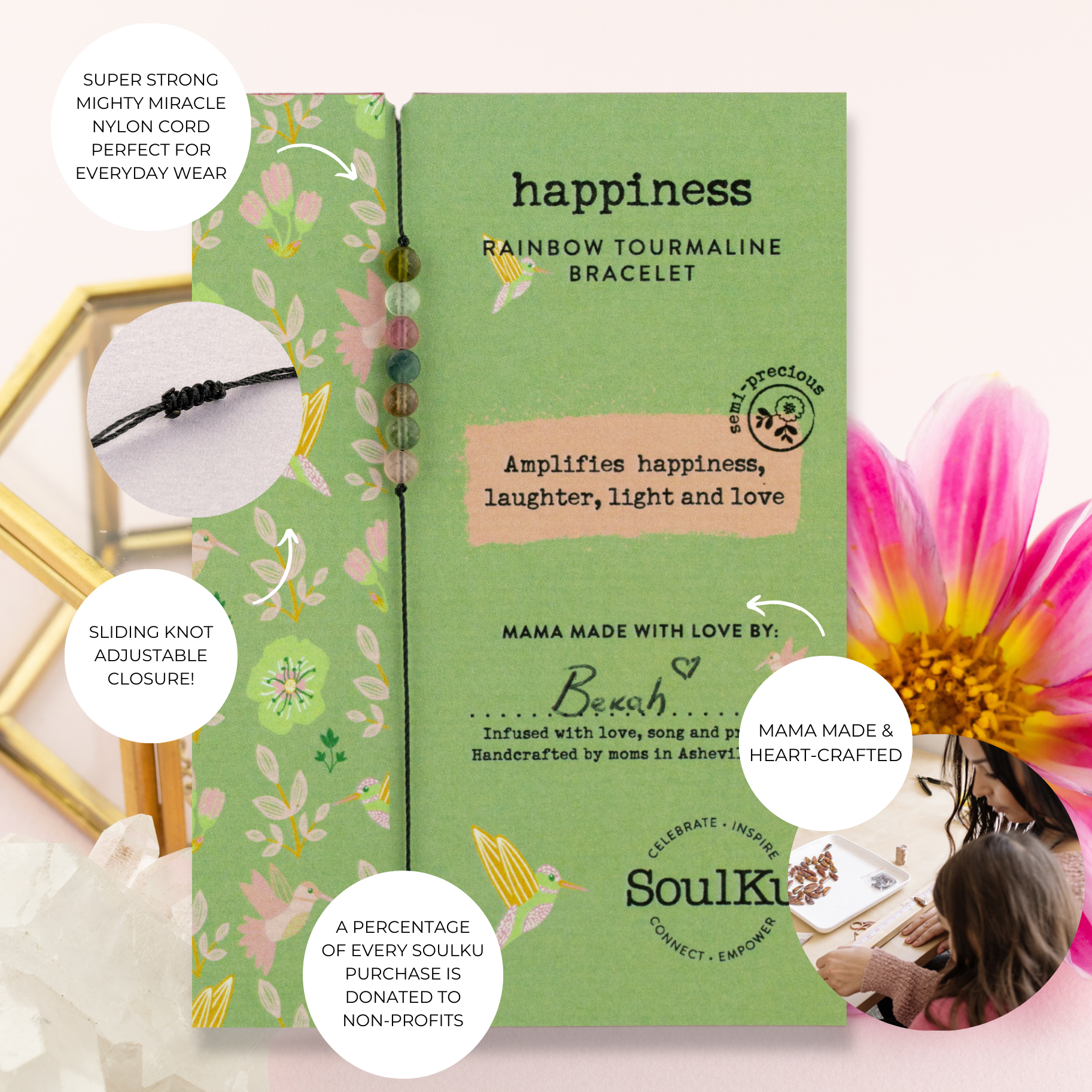 Rainbow Tourmaline Hummingbird Bracelet - Happiness - HMBD04