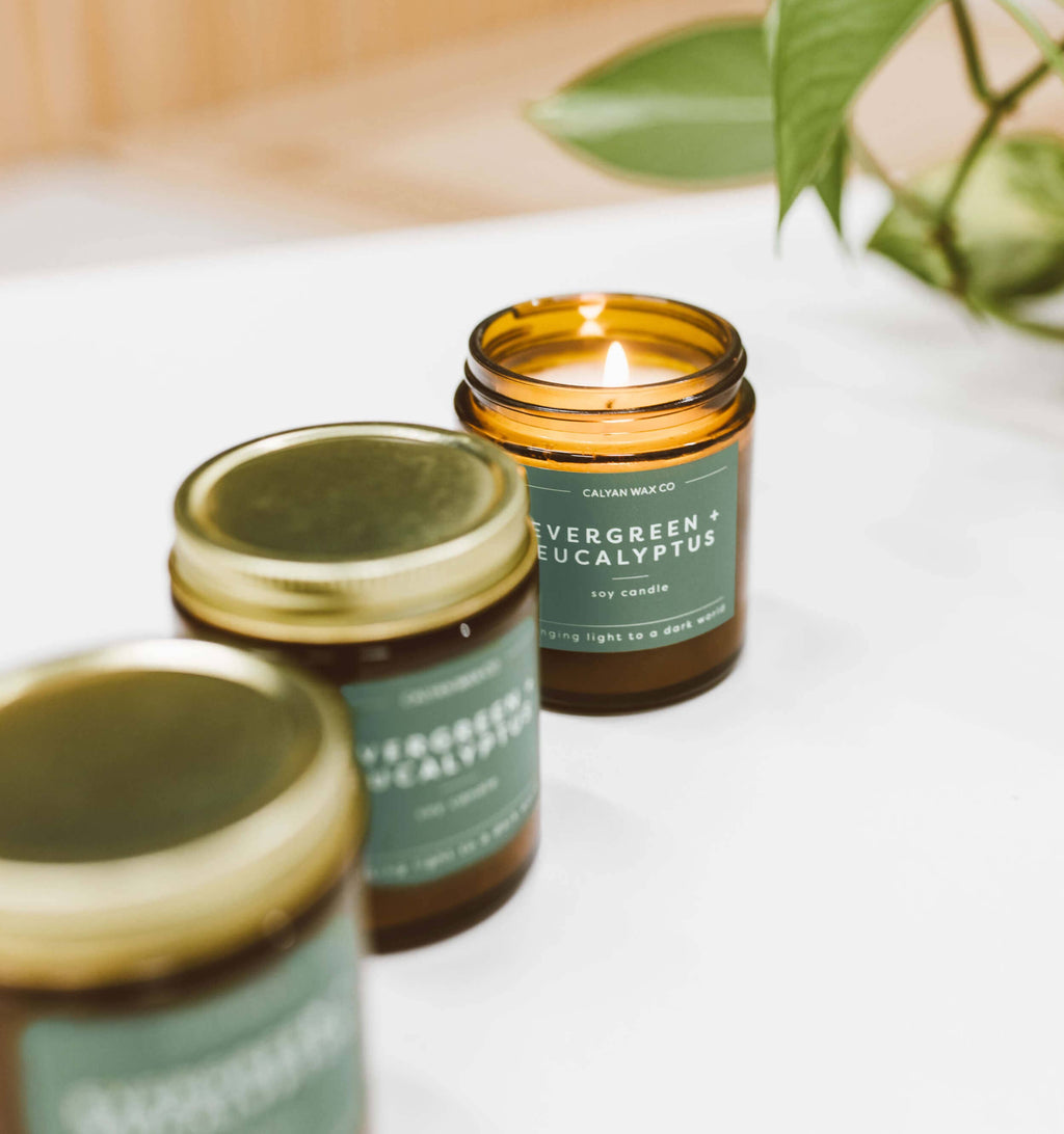 Soy Candle | Evergreen + Eucalyptus | 3.1oz Mini Amber Jar