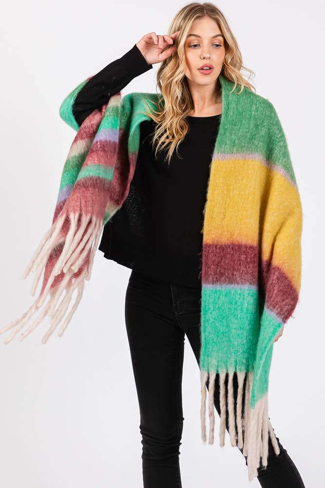 Brushed Multi Color Stripe Tassel Winter Scarf: Green