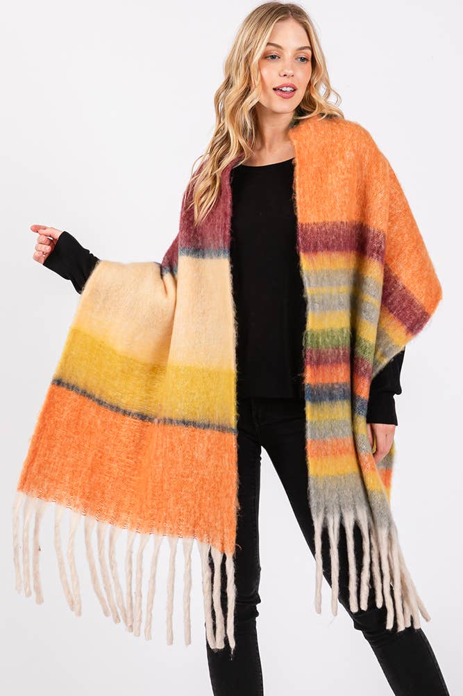 Brushed Multi Color Stripe Tassel Winter Scarf: Blue