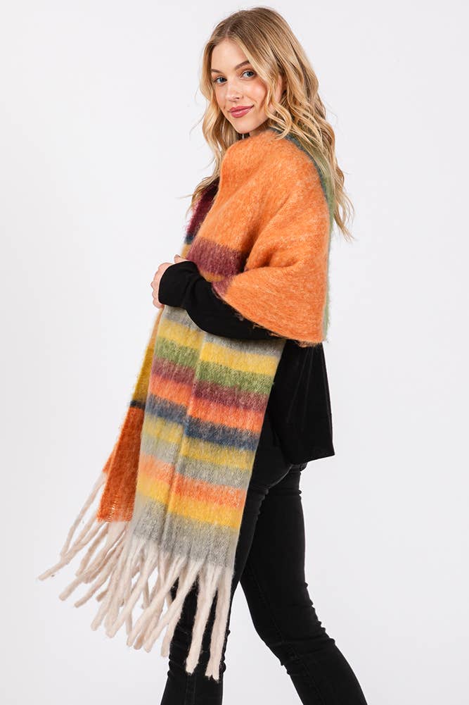 Brushed Multi Color Stripe Tassel Winter Scarf: Green