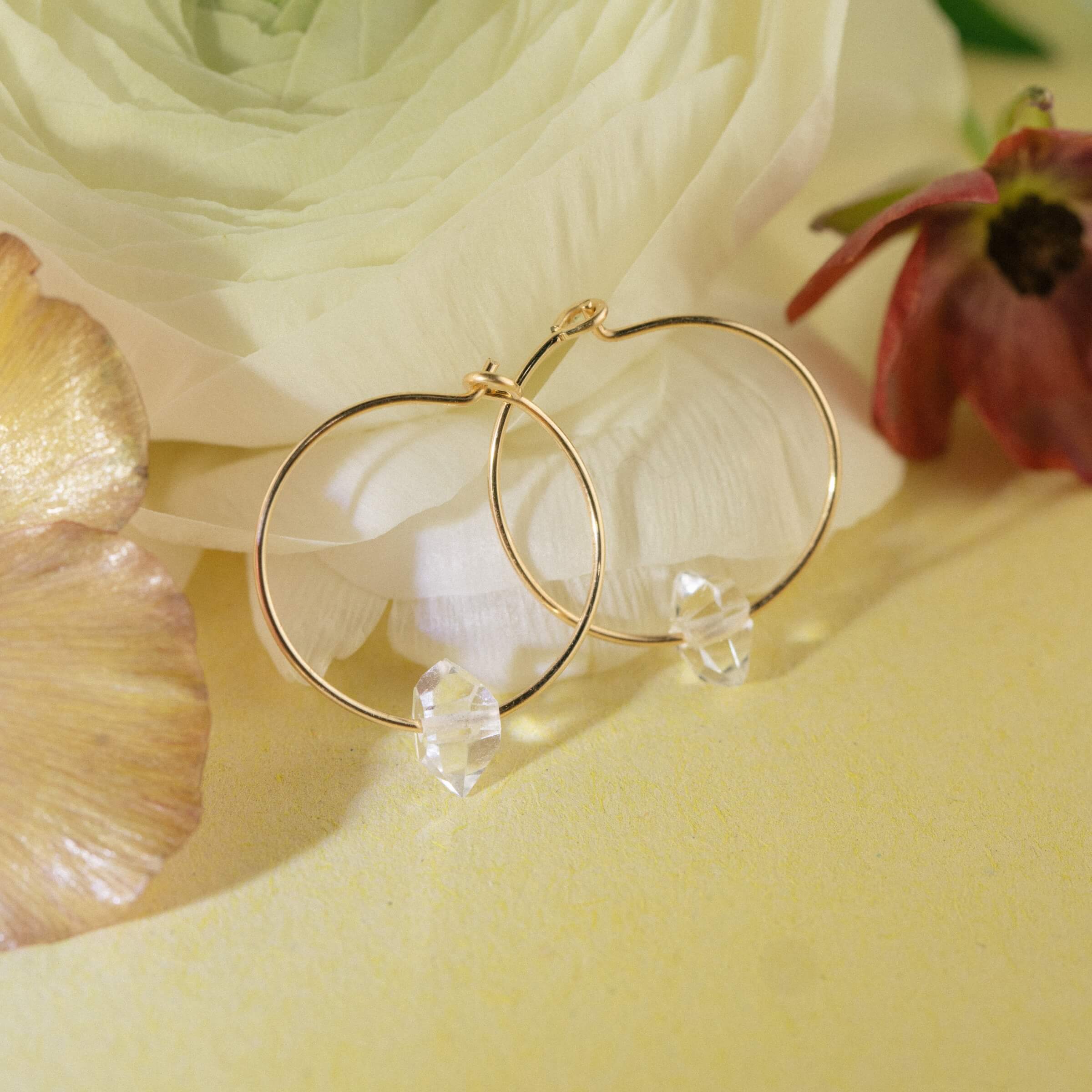 Herkimer Diamond Gold Hoop Earrings for Tranquility