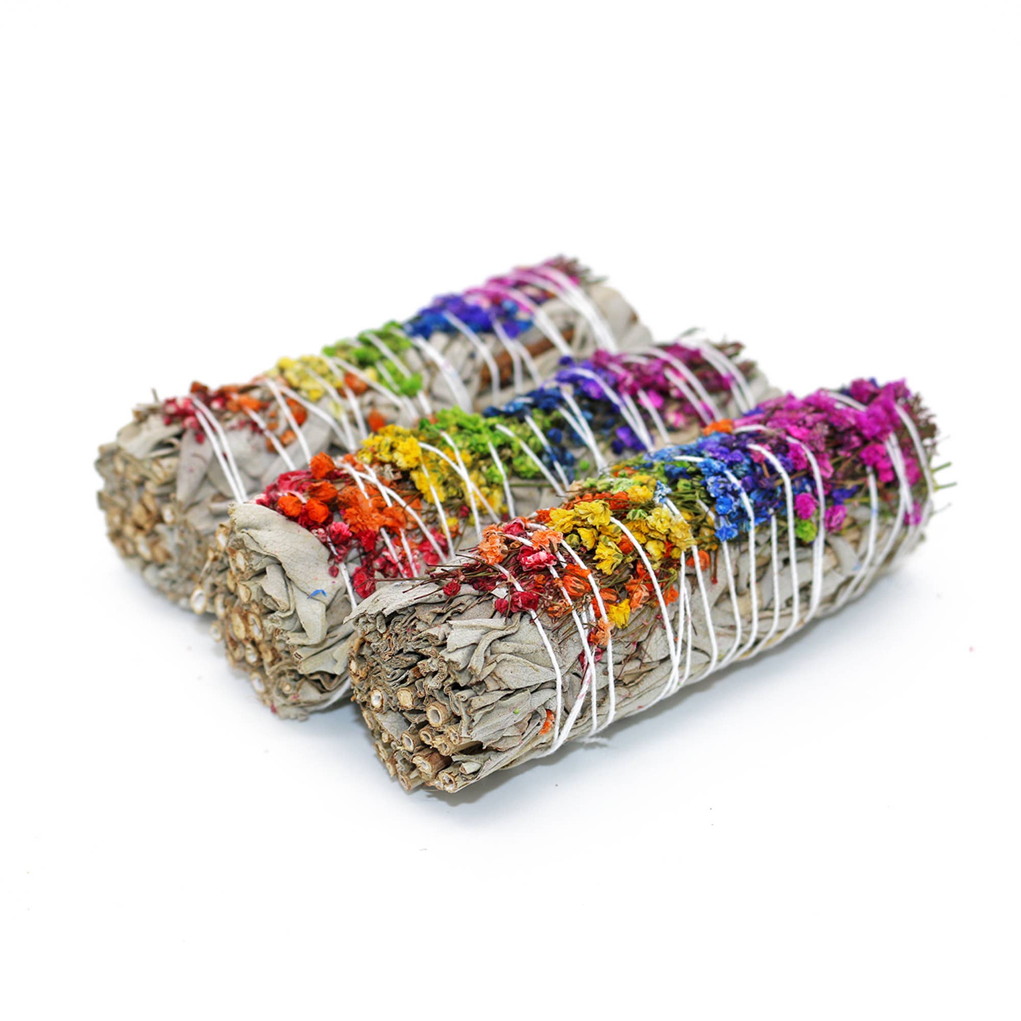 Energy Wheel Rainbow Floral White Sage 4" Smudge Sticks