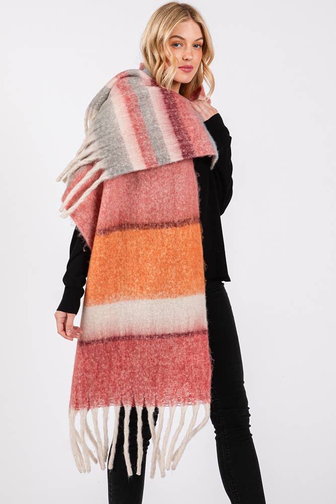 Brushed Multi Color Stripe Tassel Winter Scarf: Orange