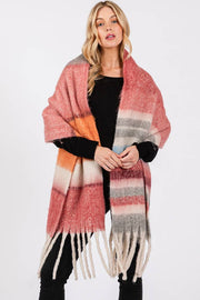 Brushed Multi Color Stripe Tassel Winter Scarf: Burgundy