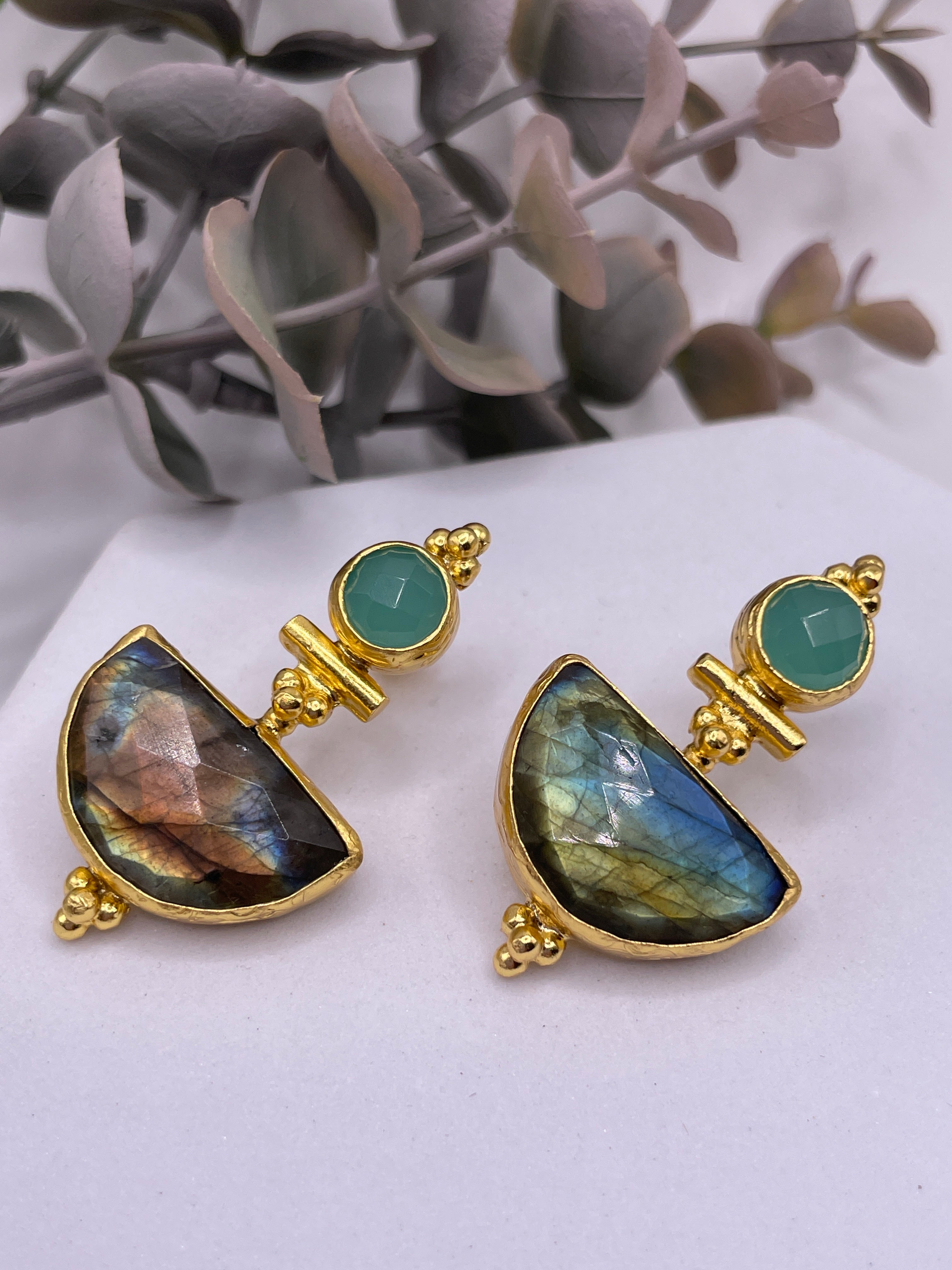 Circle + Halfmoon Double Stone Stud Earring