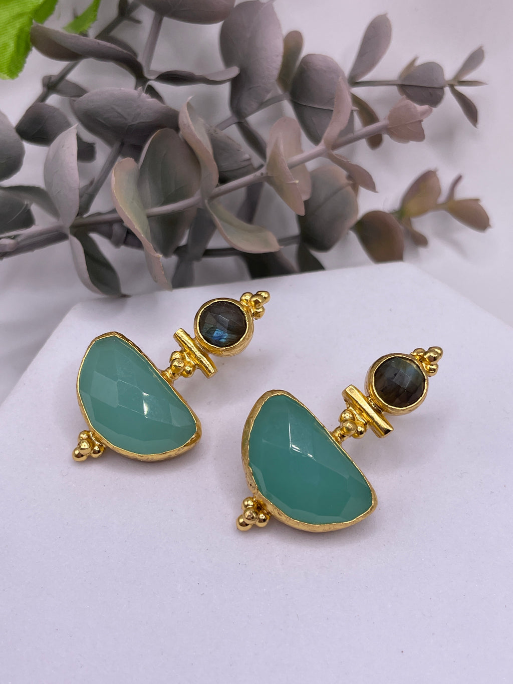 Circle + Halfmoon Double Stone Stud Earring