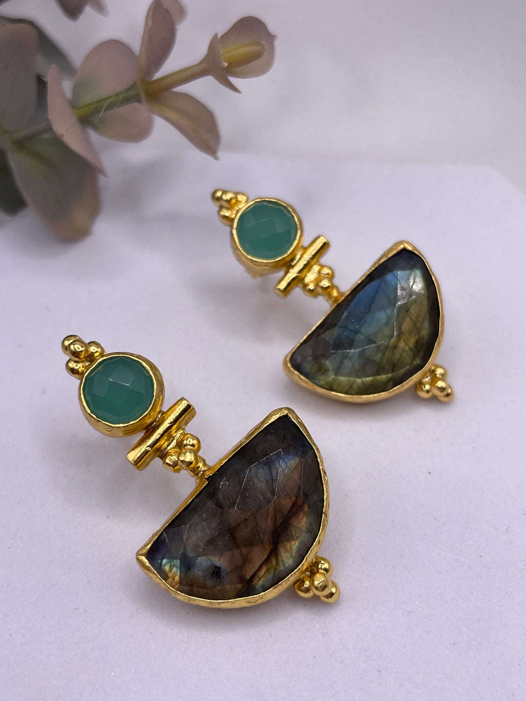 Circle + Halfmoon Double Stone Stud Earring