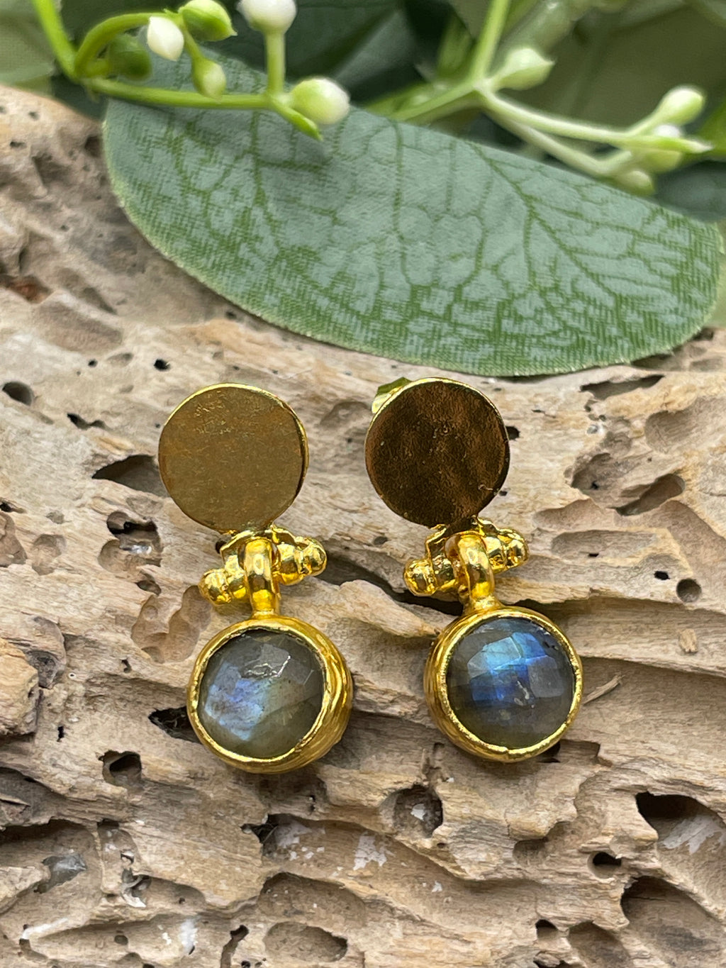 Miniature Circle Single Stone Hammered Earrings