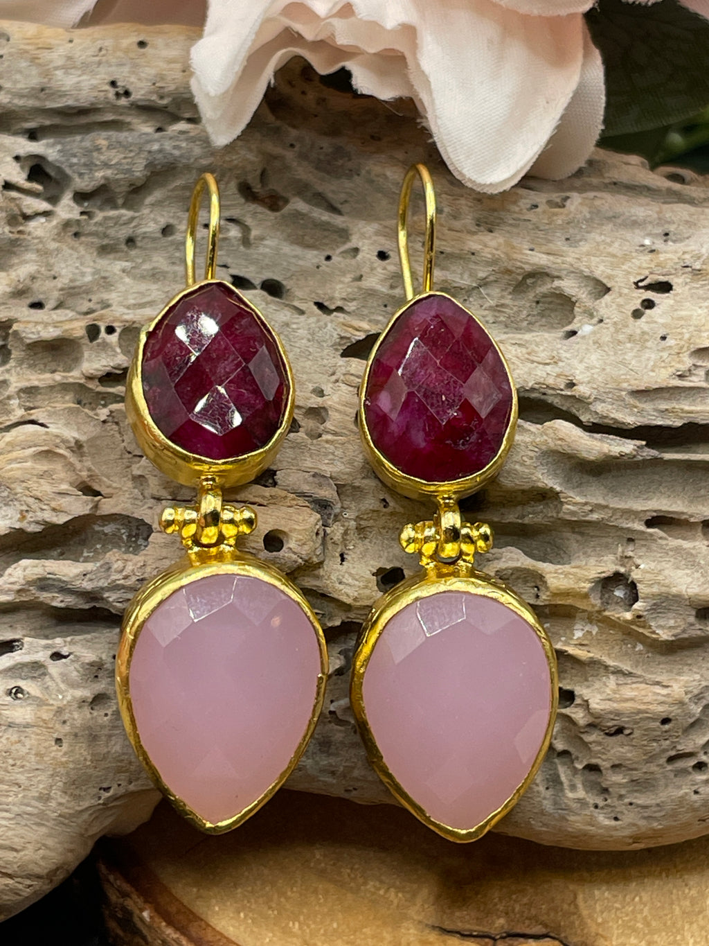 Ruby and Rose Quartz Double Stone Earring
