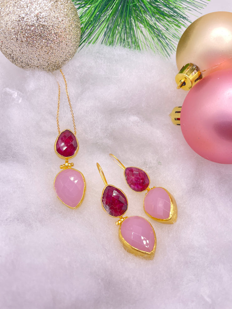 Ruby and Rose Quartz double stone Earring