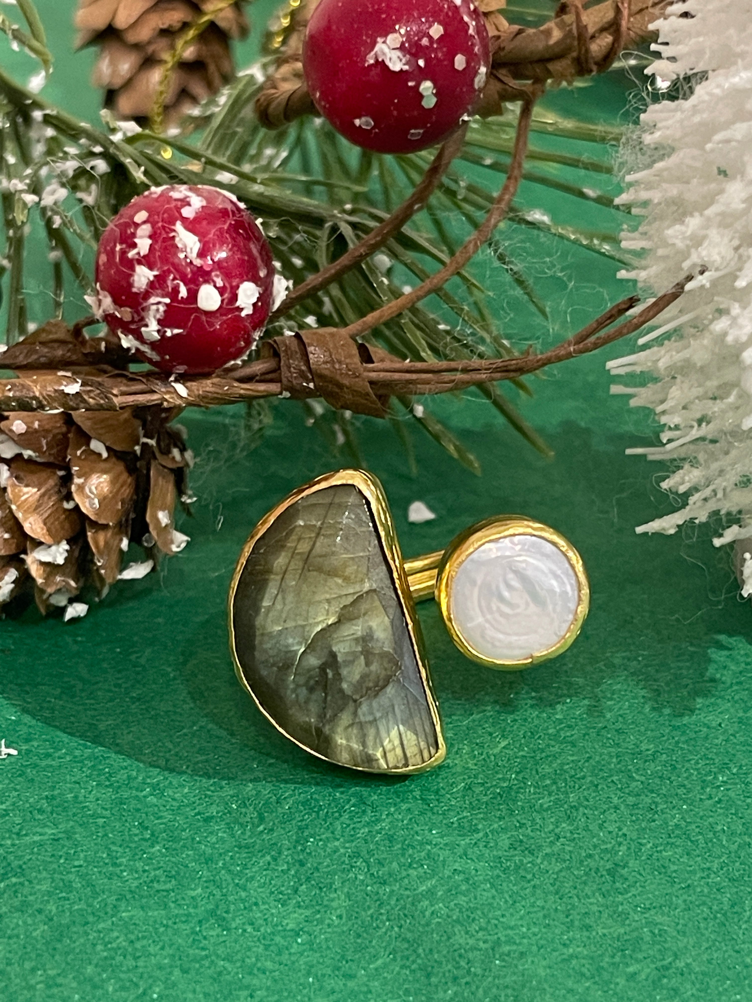 Halfmoon Stone and Pearl Ring