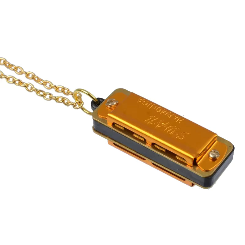 Real Harmonica Pendant Necklace: Gold