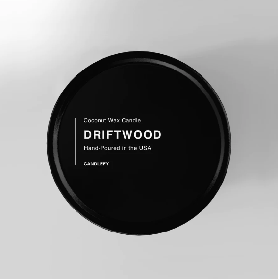 Driftwood Natural Wax Scented Candle in Black Travel Tin