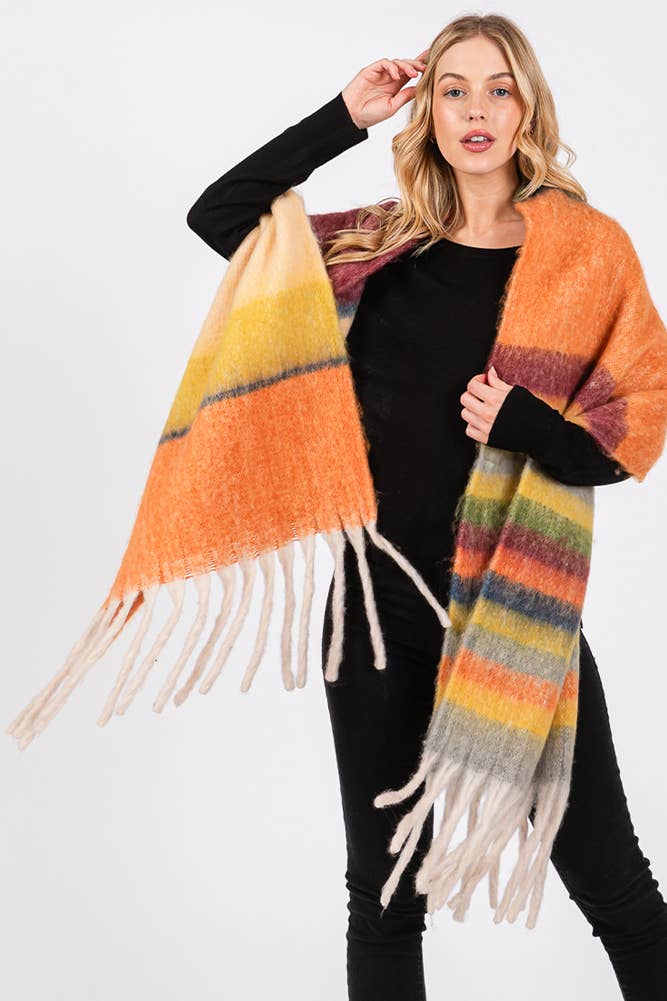 Brushed Multi Color Stripe Tassel Winter Scarf: Burgundy