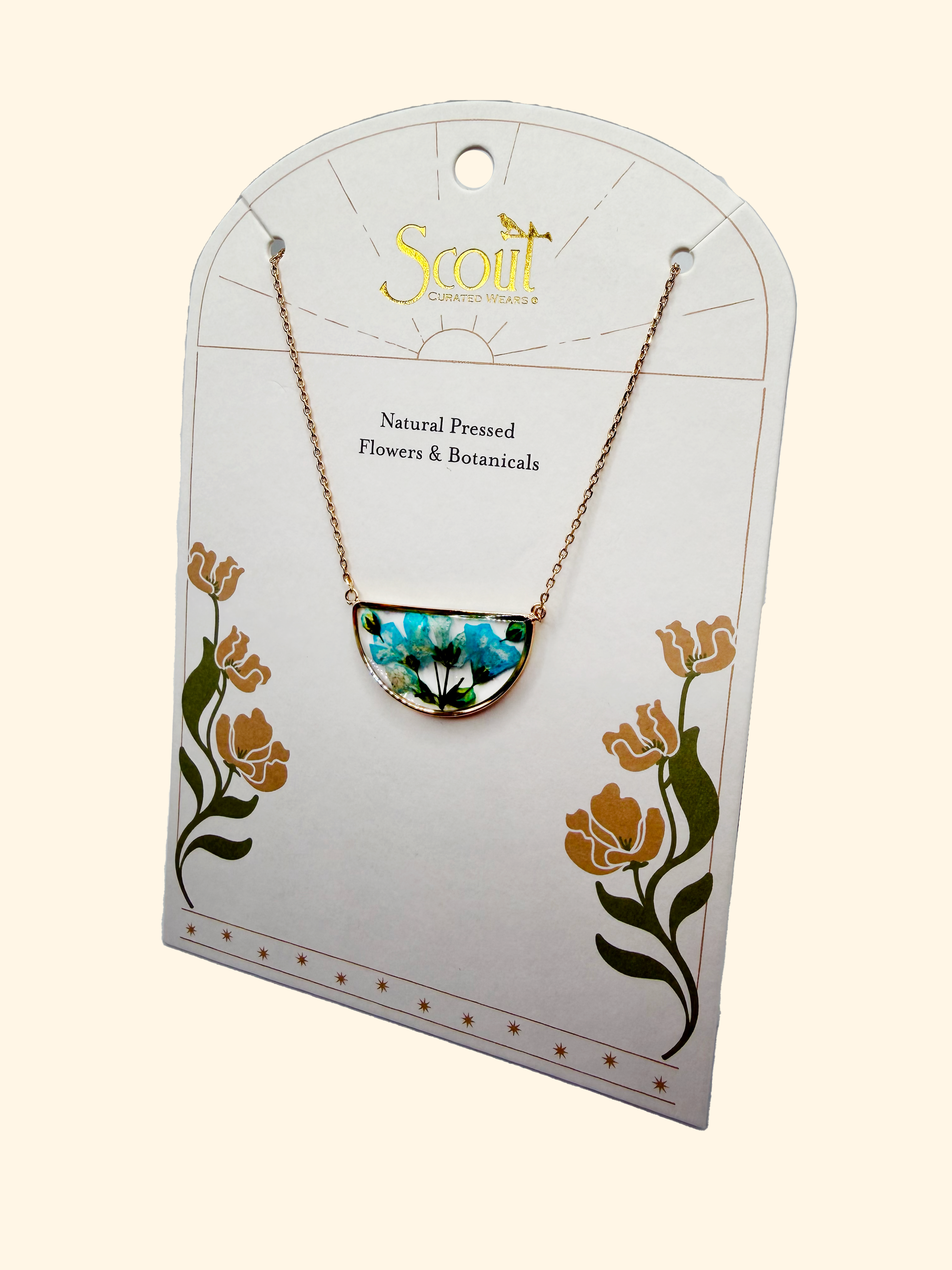 Blue Baby's Breath Pressed Flower Necklace in Gold