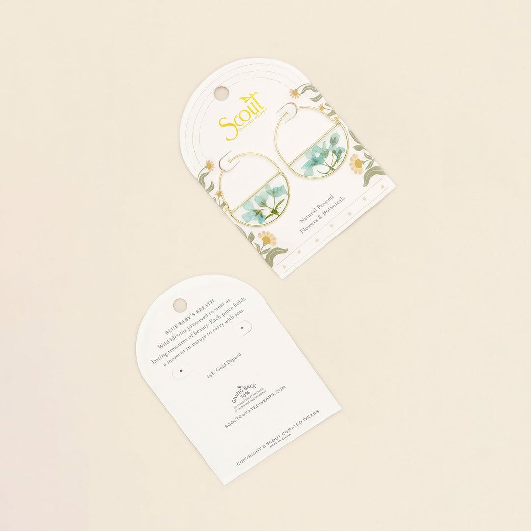 Blue Baby's Breath Pressed Flower Hoop Earring in Gold