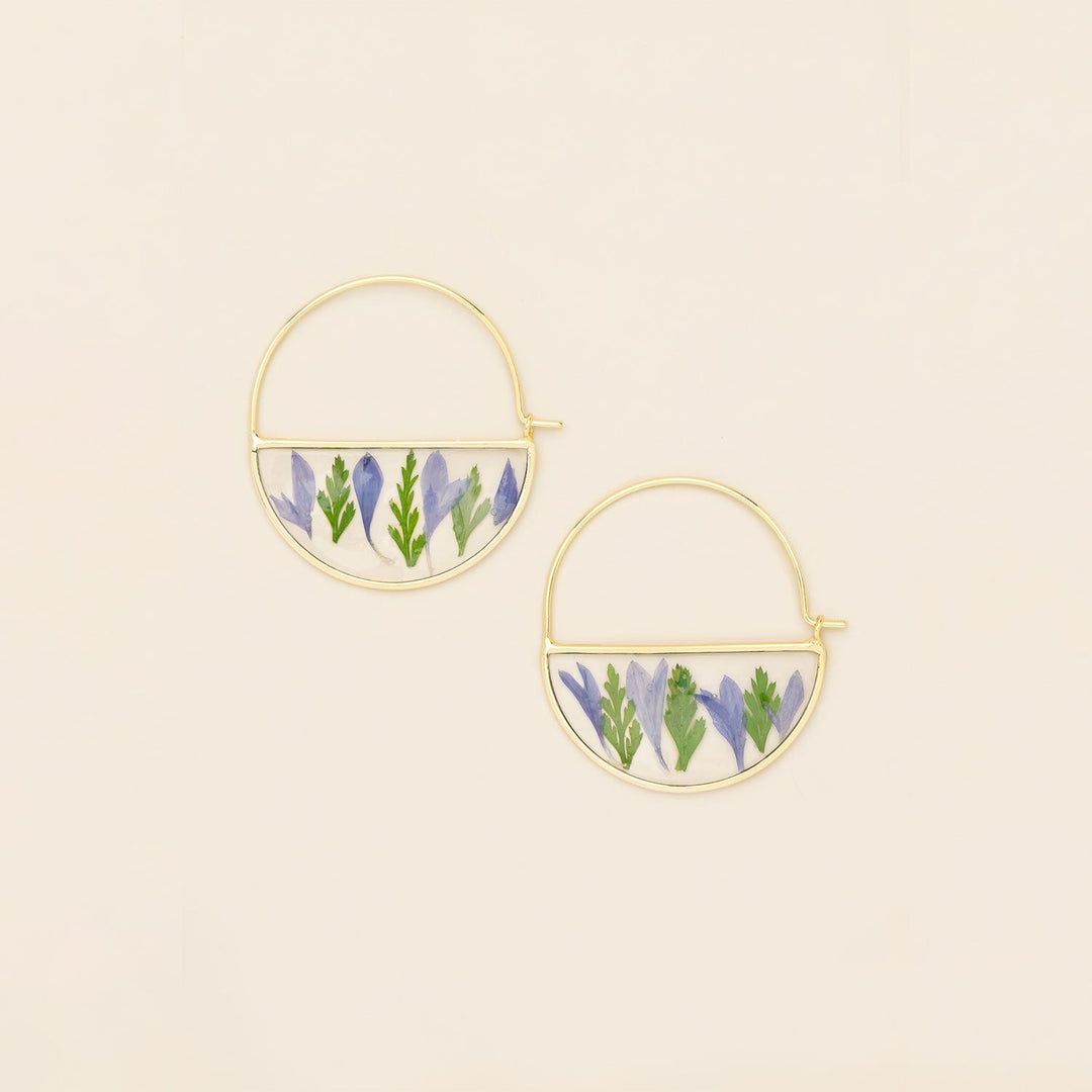 Purple Cornflower Pressed Flower Hoop Earring in Gold