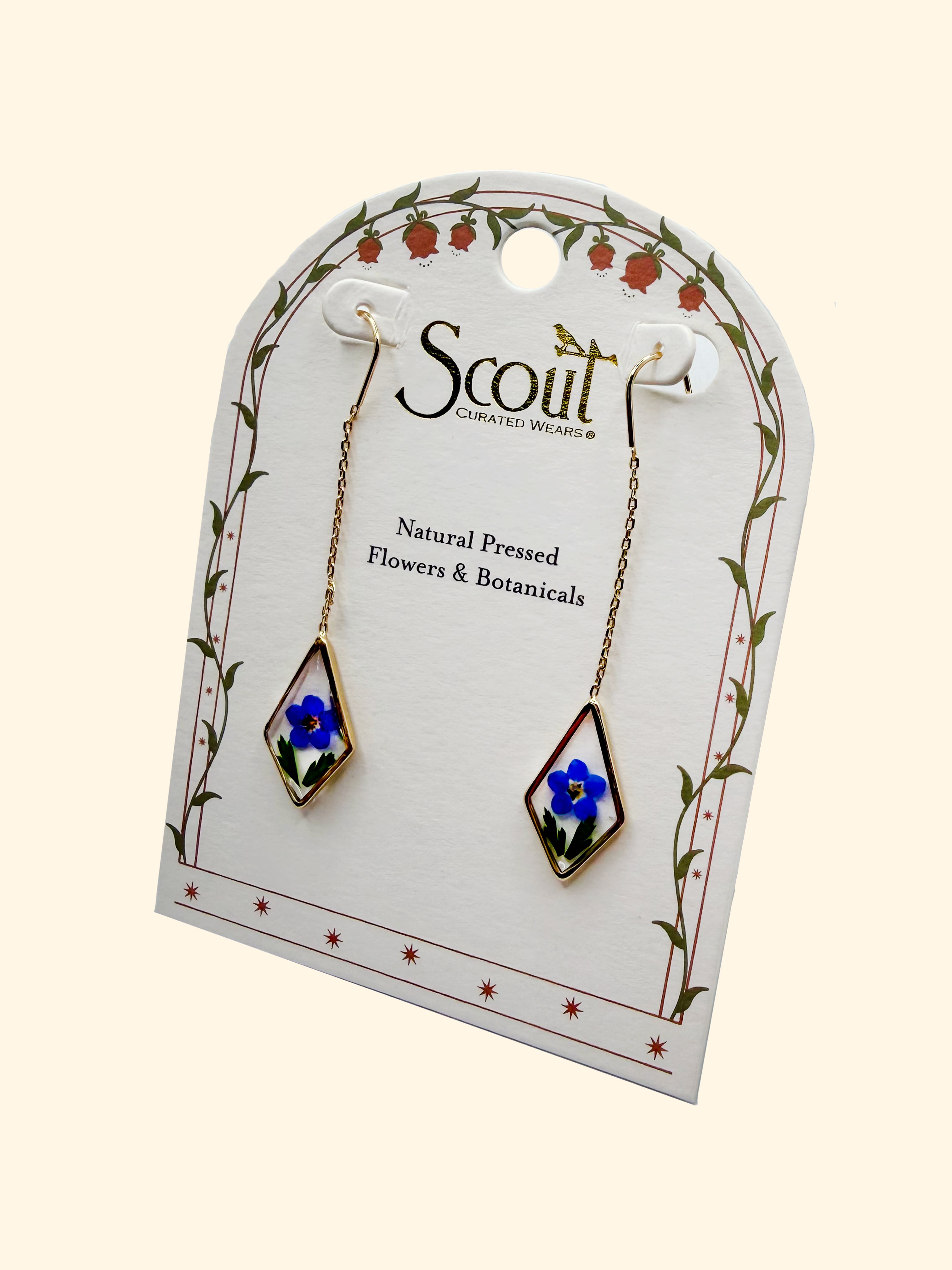 Blue Forget Me Not Pressed Flower Thread Earrings in Gold