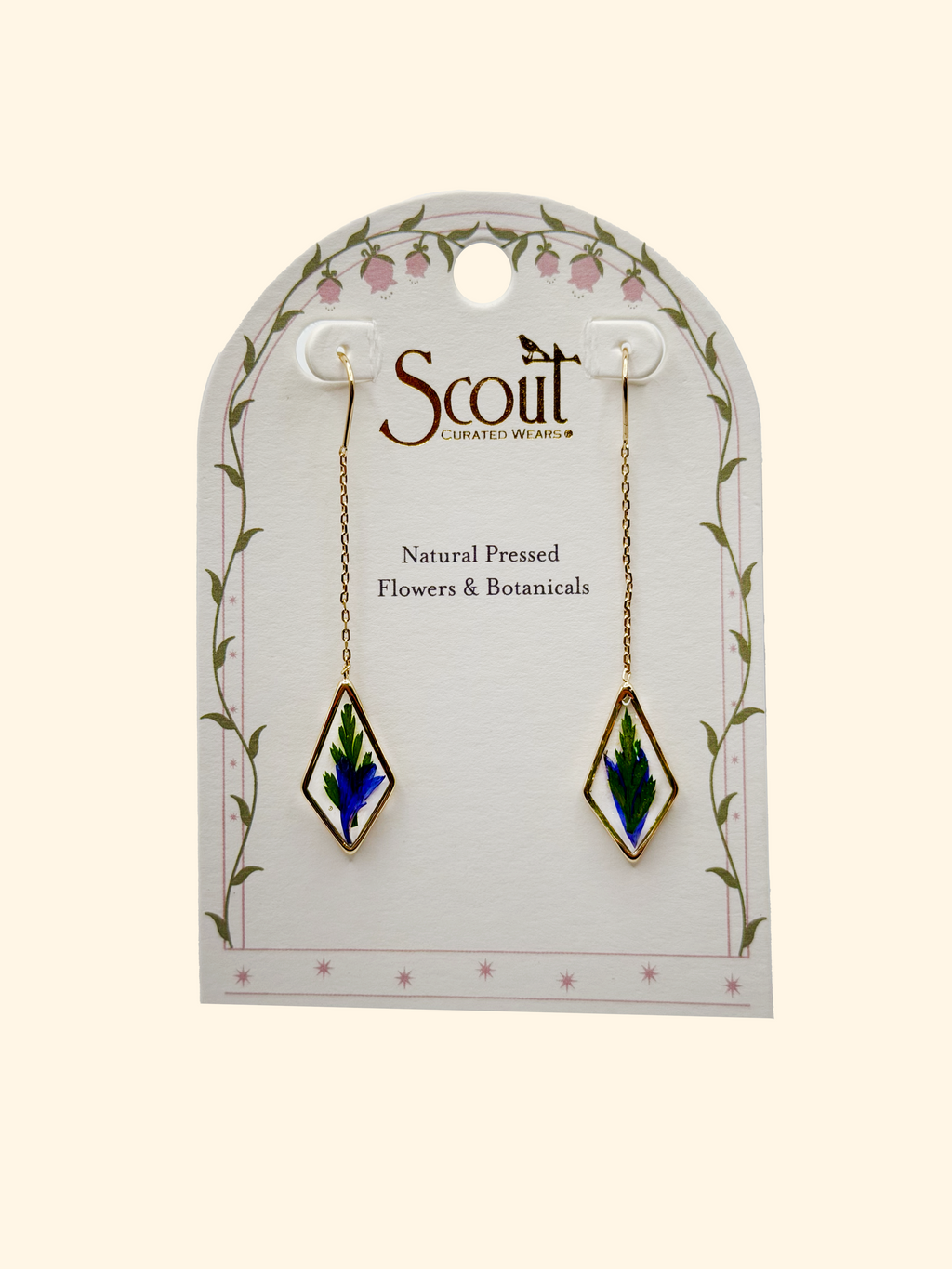 Purple Cornflower Pressed Flower Thread Earrings in Gold