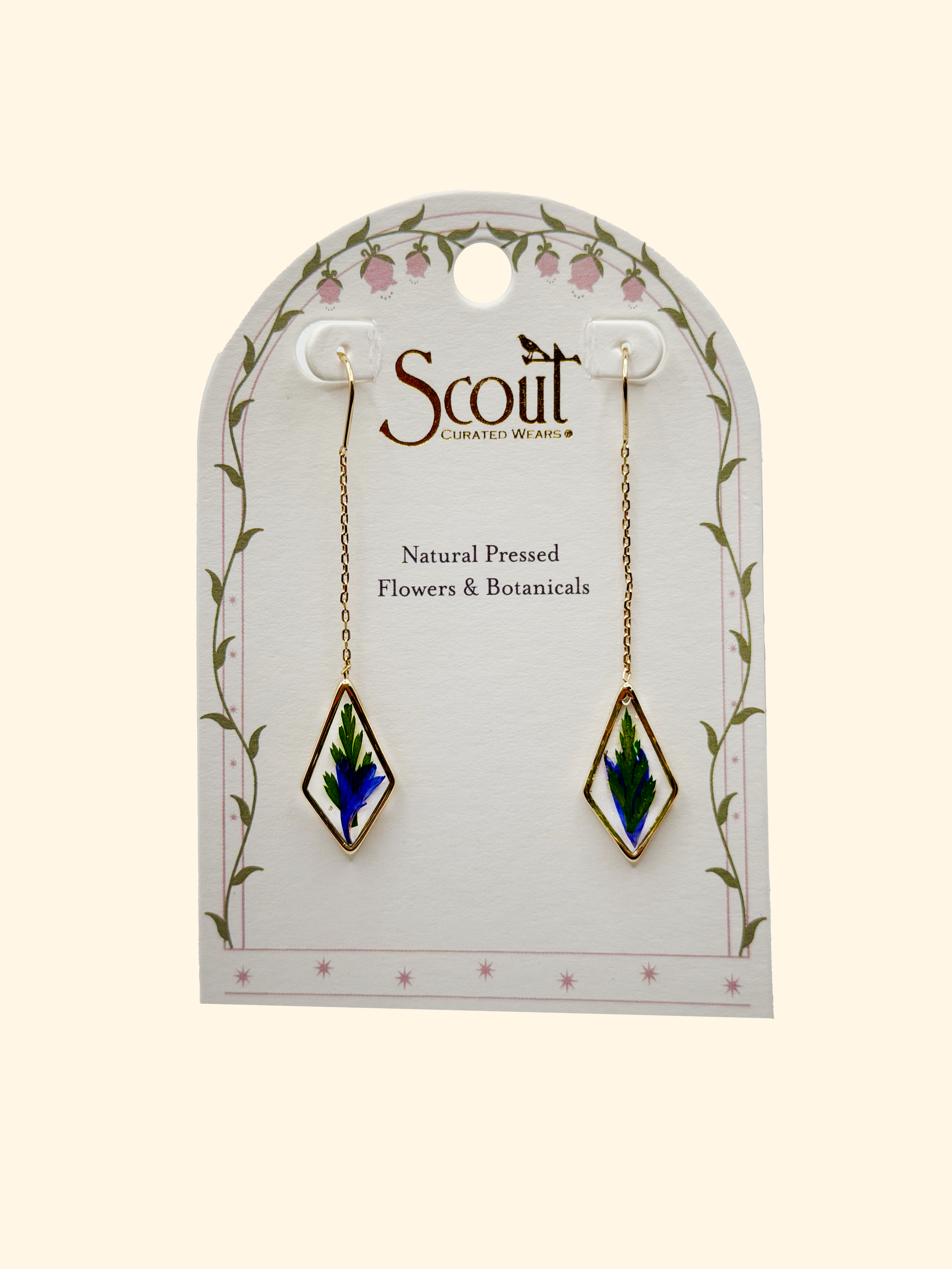 Purple Cornflower Pressed Flower Thread Earrings in Gold