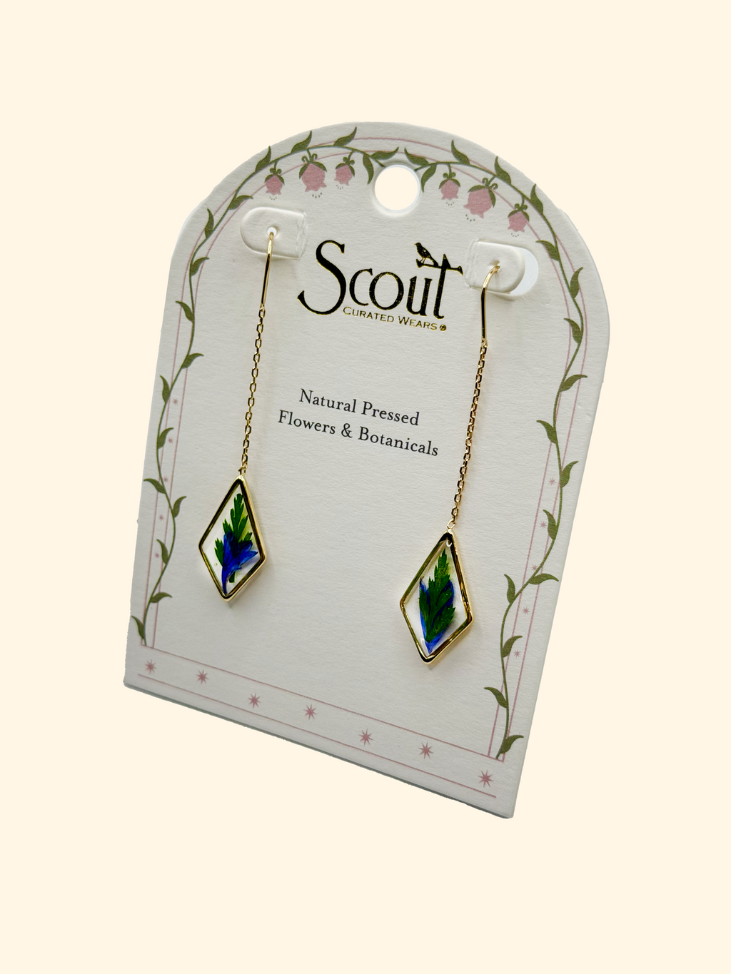 Purple Cornflower Pressed Flower Thread Earrings in Gold