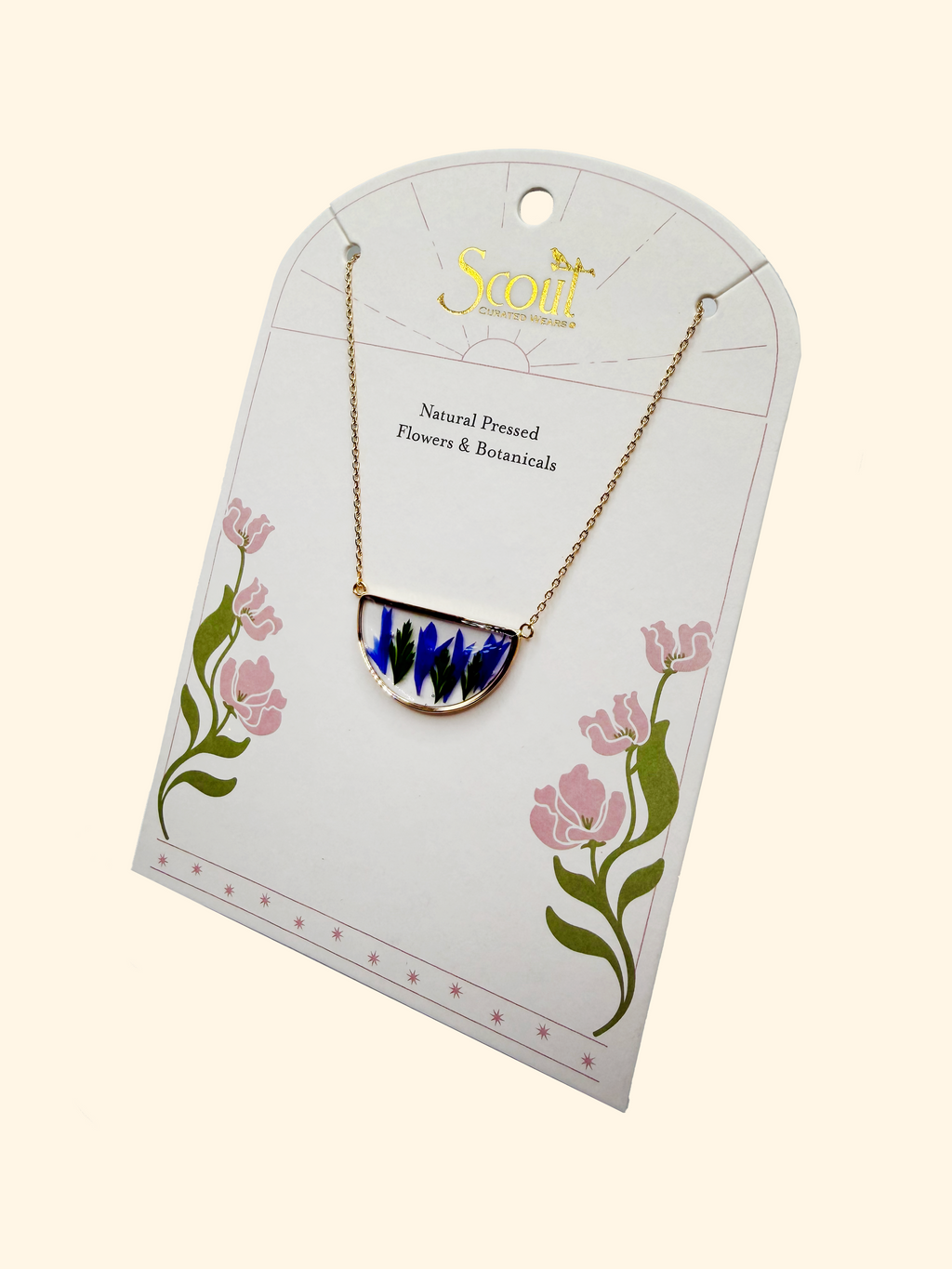 Purple Cornflower Pressed Flower Necklace in Gold