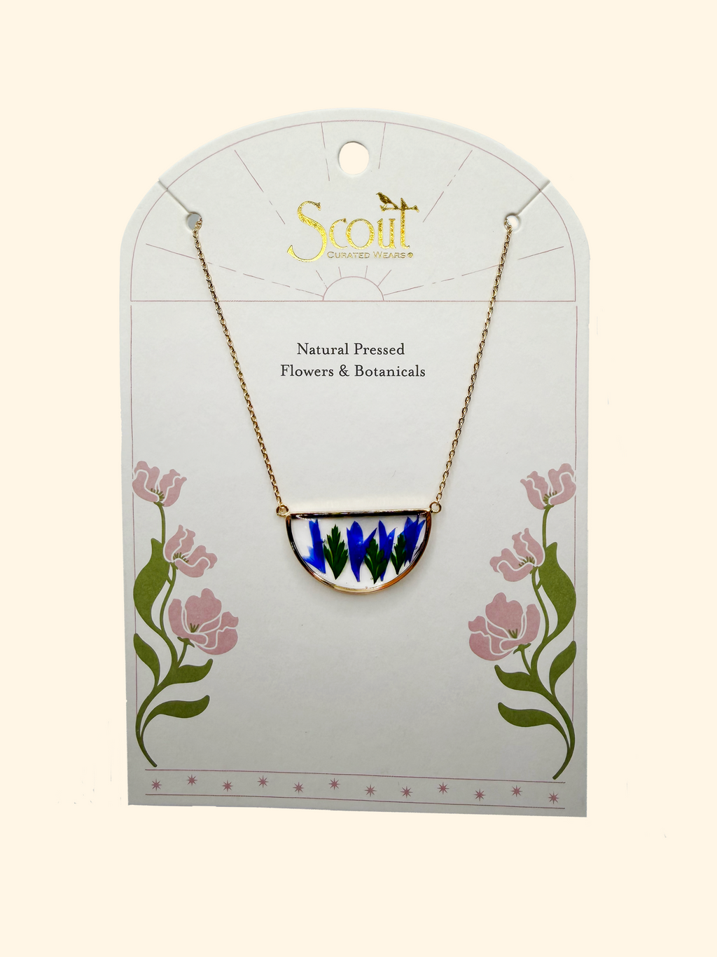Purple Cornflower Pressed Flower Necklace in Gold