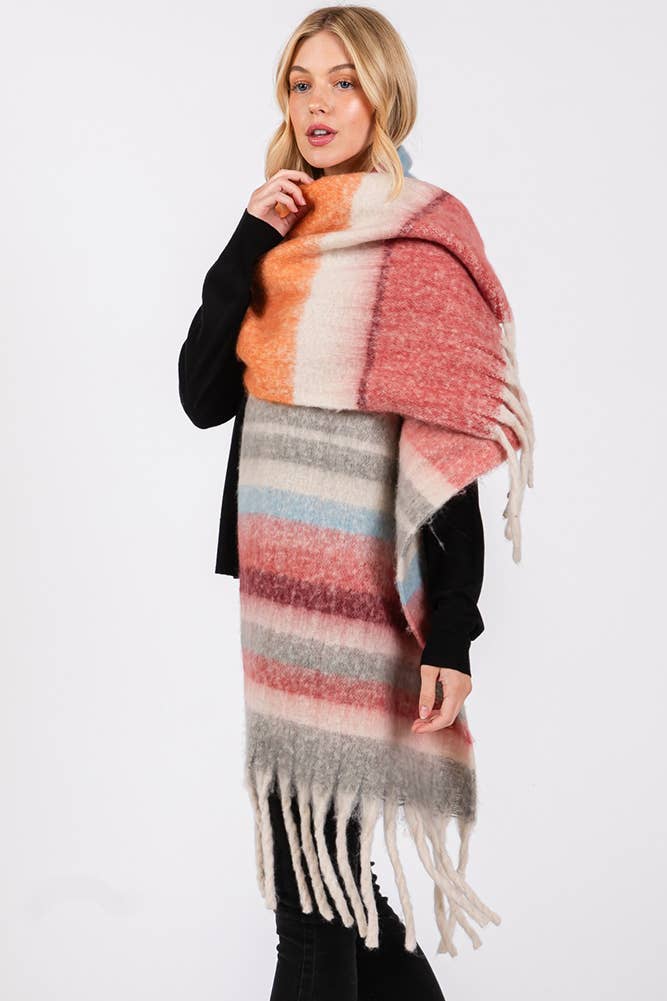 Brushed Multi Color Stripe Tassel Winter Scarf: Blue