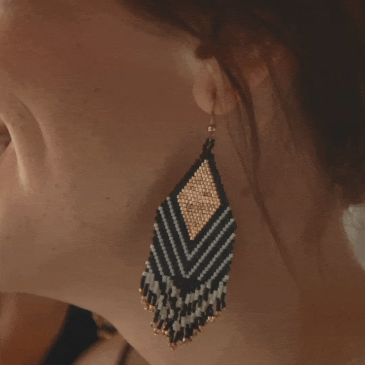 Dottie Diamond Angle Beaded Fringe Earrings Black