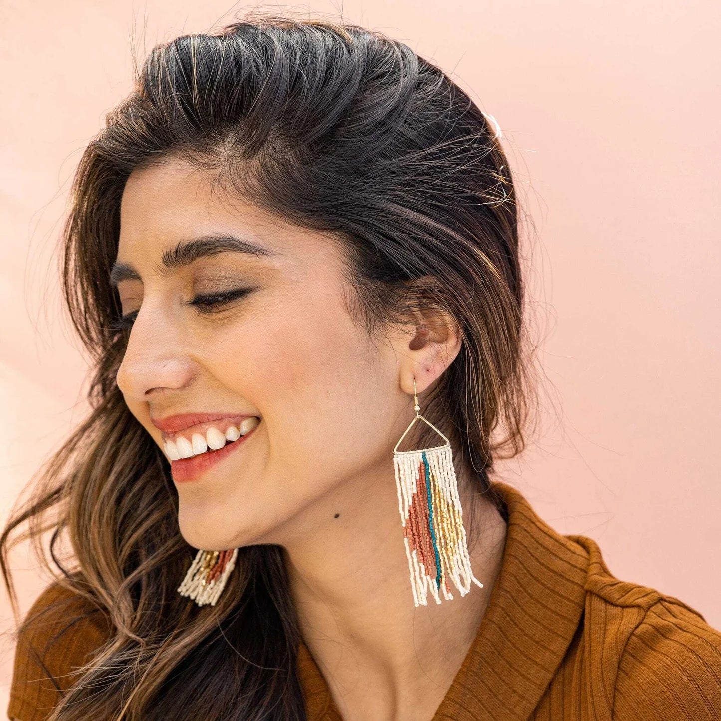 Erica Split Diamond Beaded Fringe Earrings Rust