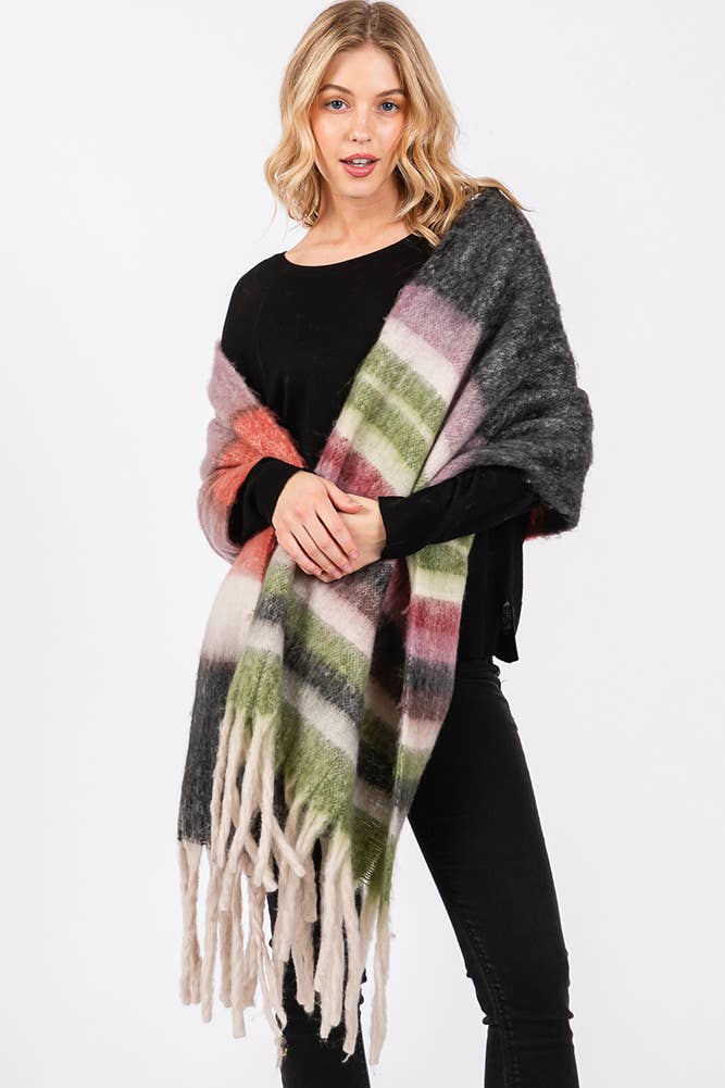 Brushed Multi Color Stripe Tassel Winter Scarf: Blue