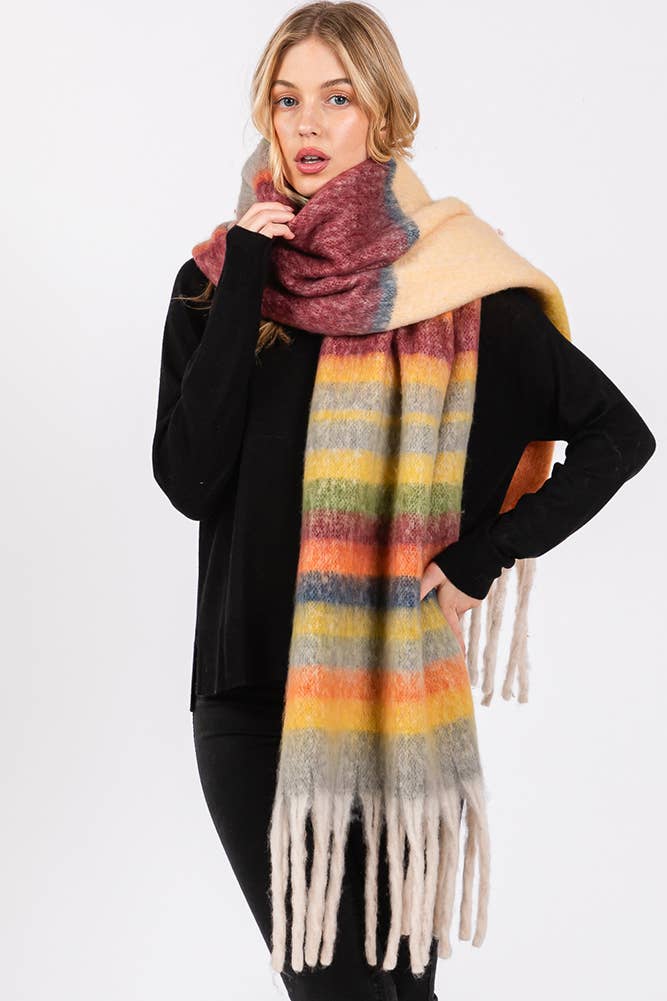 Brushed Multi Color Stripe Tassel Winter Scarf: Burgundy