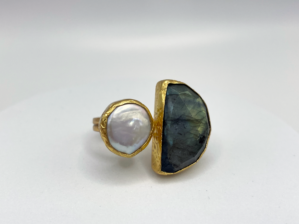 Halfmoon Stone and Pearl Ring