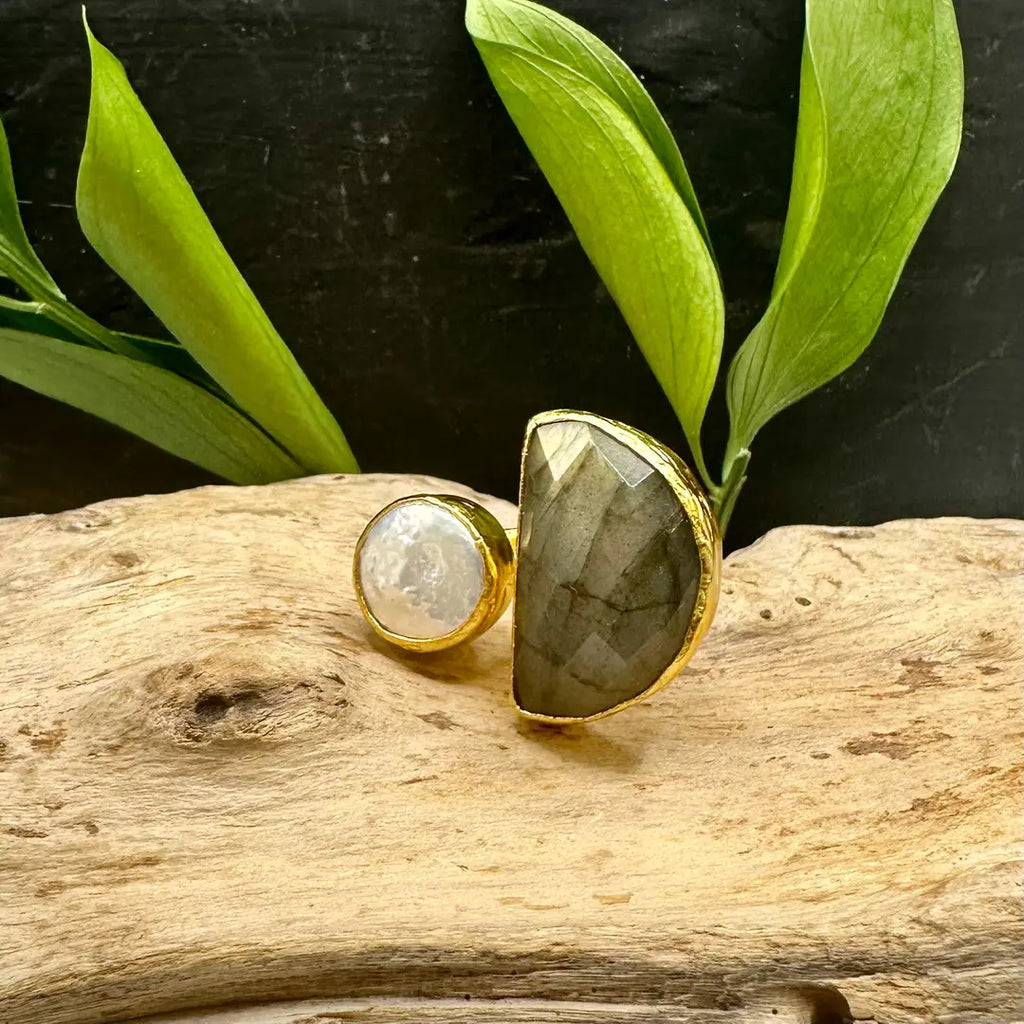 Halfmoon Stone and Pearl Ring