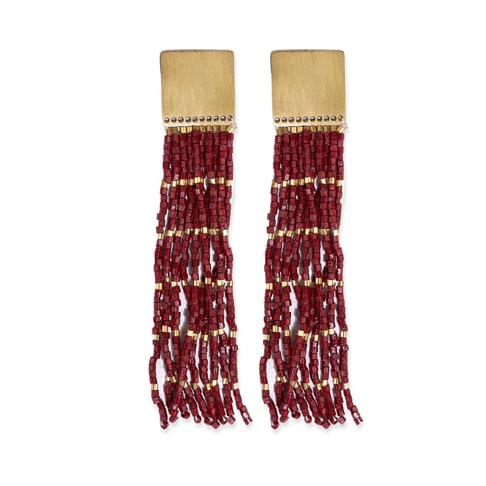 Harlow Brass Top Solid with Gold Stripe Beaded Fringe Earrings Maroon